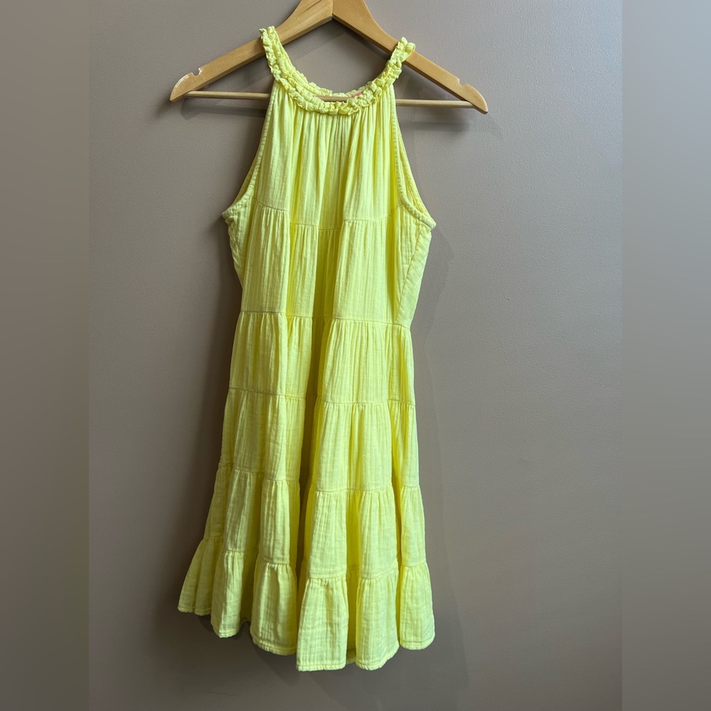 Elan Sunshine Yellow Cotton Tiered Halter Neck Dress W/ Ruffle Hem. Medium. - Picture 3 of 13